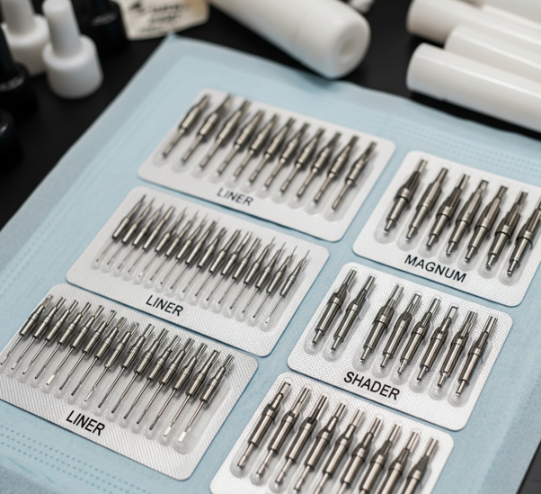 Berbagai jenis jarum tato steril yang tersusun rapi di atas meja kerja seorang seniman tato, menyoroti perbedaan bentuk ujungnya dari liner, shader, hingga magnum.
